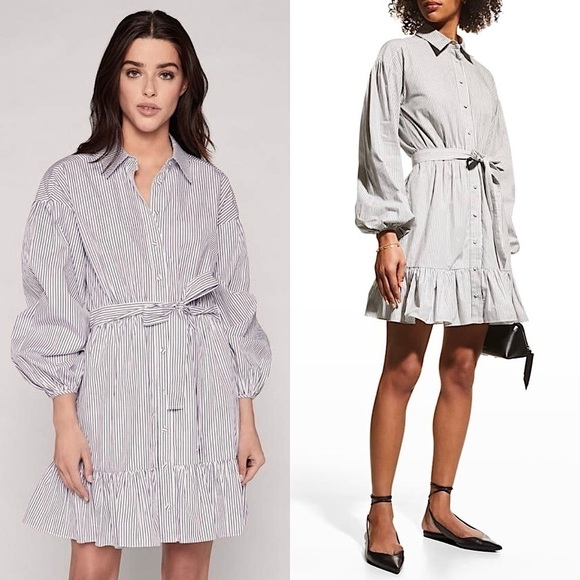 NWT CINQ A SEPT Shirt Dress Puff Long Sleeve Tie Waist Pin Stripe Ruffle Hem 10 - Picture 1 of 12